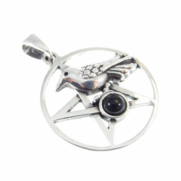 Solid 925 Sterling Silver & Black Onyx Wiccan Raven Pentacle Pentagram Pendant - Picture 6 of 9